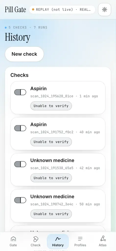 Pill Gate history screen